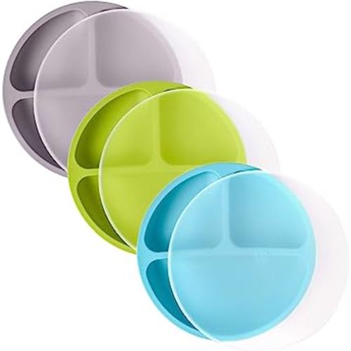WeeSprout Non-Suction Silicone Divided Plates (With Lids), 100% Food Grade Silicone Plates, Divided Plates for Toddlers, Kids & Picky Eaters, Dishwasher & Microwave Safe