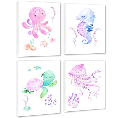 4Pcs Framed Ocean Animal Nursery Wall Art Prints,Pink Cute Sea Life Wall Art,Watercolor Octopus Jellyfish Turtle Seahorse Octopus Sea Creatures Art Posters,for Baby Girl's BedRoom Nursery Kids Room Decoration,8"x10"inch.