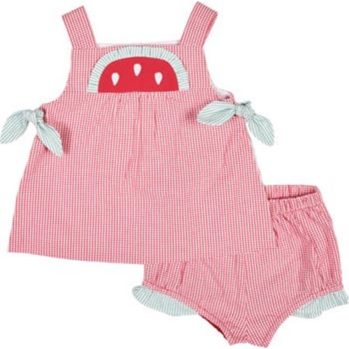 Check Seersucker Dress & Bloomer With Watermelon, 9M