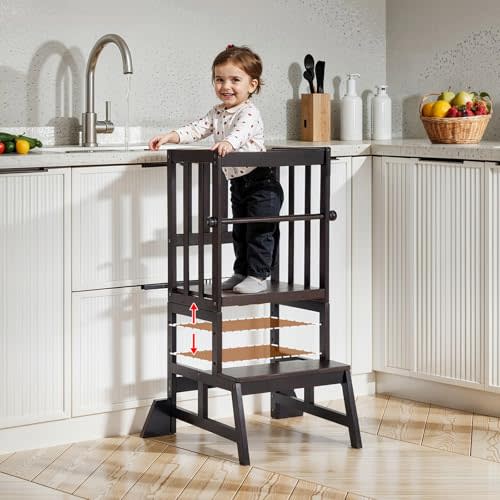 COSYLAND Toddler Standing Tower - Adjustable Height Toddler Kitchen Stool Helper - Kids Kitchen Step Stool for Learning with Removable Safety Railing Black Walnut Color