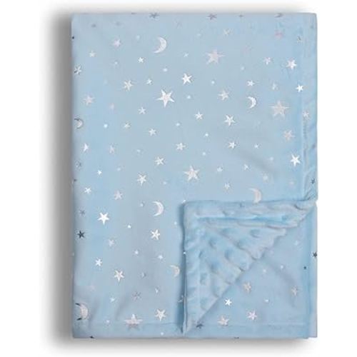 Baby Blanket for Boys Girls Soft Minky with Double Layer Dotted Backing, Star and Moon Printed 30 x 40 Inch Receiving Blanket (Blue)