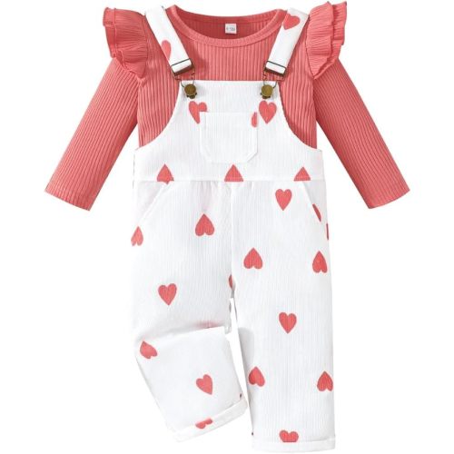 Toddler Baby Girl Valentines Clothes Ruffled Sleeves Top Heart Bell Bottoms Flared Overalls Suspender Pants Set
