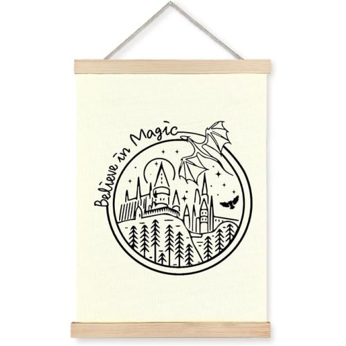 bitCNY Believe in Magic Fantasy Wall Art, Fantasy Room Decor, Dragon Castle Line Art Print for Kids Room, Whimsical Nursery Decor for Home Bedroom Living Room, 12x16 Inch