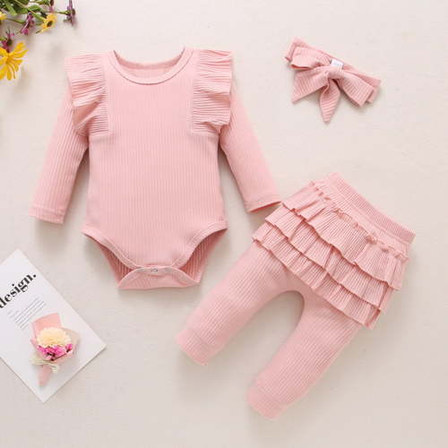 Bovxnpu Baby Girl's 3pc Short Sleeve Romper and Short Set Baby Solid Ruffled Sleeve Long Sleeve Ribbed Romper Pants Headband 3-Piece Ruffled Pant Sets Summer 2 Piece Outfits