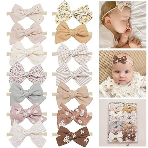 Fancy Clouds Baby Girl Bows and Headbands,14 pcs Stretchy Soft Nylon Hairbands Hair Bows for Newborns, Infants, Toddlers - Handmade Baby Hair Accessories for Girls Gifts