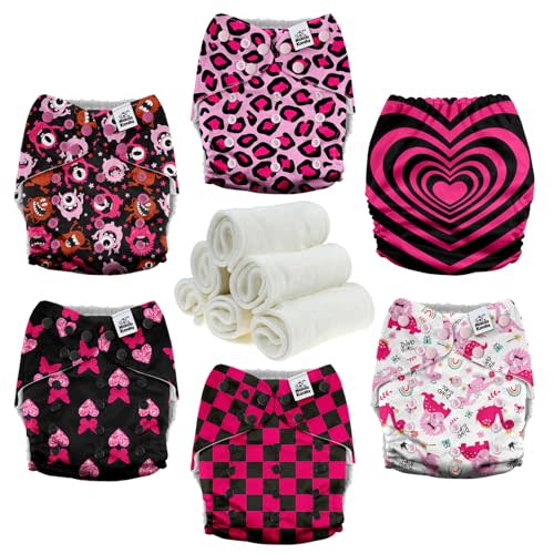 Mama Koala 3.0 Cloth Diapers for Babies with AWJ Lining, 6 Pack with 6 Natural Cloth Diaper Inserts - Reusable and Washable Pocket Diapers (Pink Love)