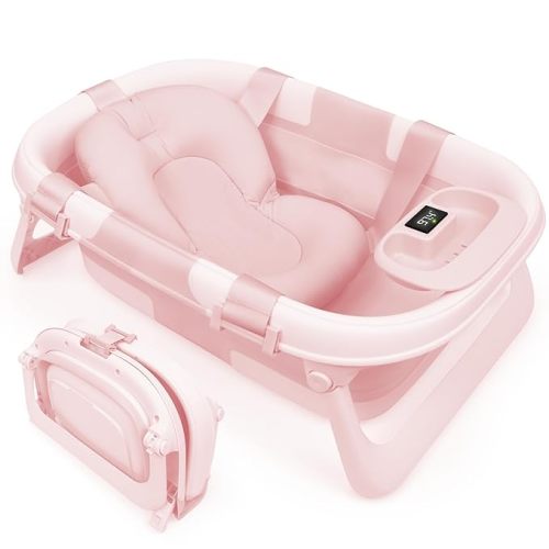 Jool Baby Fold ‘n Store Baby Bathtub – 3 Stage Collapsible Bather for Easy Storage, Portable for Travel – Built-in Thermometer (Pink)