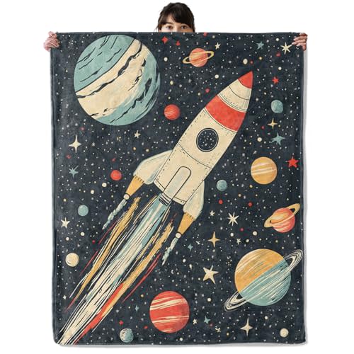 onlcuk Retro Rocket Ship Blanket, Cozy Flannel Colorful Planets and Stars Throw Blanket, Soft Fuzzy Blankets for Travel Decor, All Season Lightweight Couch Bed Cover, Gifts for Women Kids 40"×50"