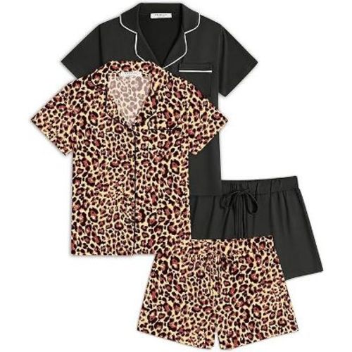 Ekouaer 2 Pack Womens Pajamas Set Button Down Summer Sleepwear Short Sleeve Comfy Pjs Loungewear Set Black/Brown Leopard L