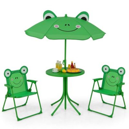 Costway Kids Picnic Table & Chair Set with 2 Folding Chairs & Height Adjustable Umbrella Green