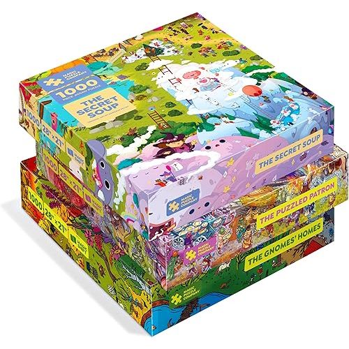 Magic Puzzles 3-Pack • Series Three • The Secret Soup, The Puzzled Patron, & The Gnomes' Homes • 1000 Piece Jigsaw Puzzles from The Magic Puzzle Company