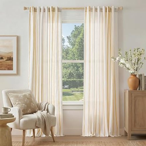Vangao Striped Curtains Yellow on White Semi Sheer Curtains 96 Inches Long for Living Room Bedroom Modern Farmhouse Linen Textured Light Filtering Drapes 2 Panels Mustard Yellow W50 x L96 Inch