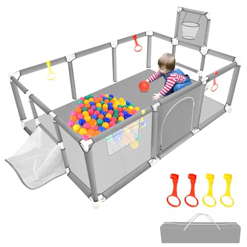 74"×50" Large Playpen for Babies and Toddlers, Kids Playyard with Basketball Hoop & Football Nets, Comes with a Storage Carry Bag, Pull Up Rings, Sturdy Safety Play Pen w/Soft Breathable Mesh (Grey)