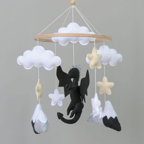 Dragon Crib Mobile for Boys, Felt Baby Mobile for Crib, Grey and Black Nursery Decor, Cloud and Star Mobile Hanging, Unisex Infant Soothe Toy Gift