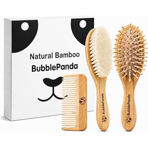 BubblePanda Baby Hair Brush and Comb Set – Ultra Soft Goat Hair Bristles, Natural Bamboo Baby Brush for Cradle Cap, Gentle Grooming Kit, Baby Registry Gift for Newborns & Toddlers