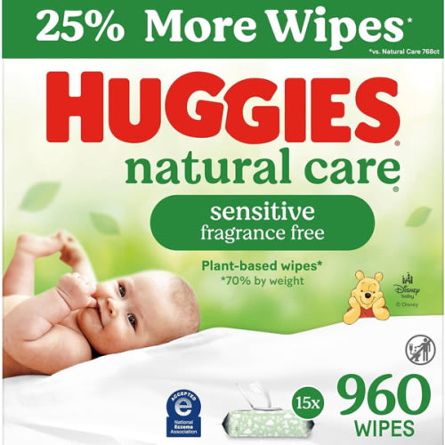 Huggies Natural Care Sensitive Baby Wipes, Unscented, Hypoallergenic, 99% Purified Water, 15 Flip-Top Packs (960 Wipes Total)