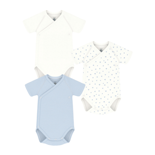 Baby 3 Pack SS Crossover Stripe Heart Bodysuits - White Blue