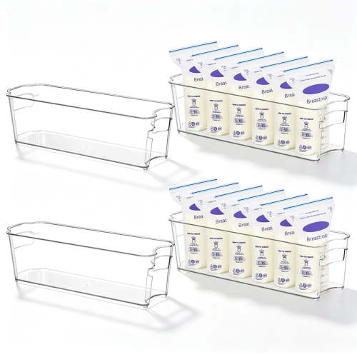 4 Pack Breast Milk Freezer Organizer Clear Storage Bins with Handles for Pouches Bottles and Formula