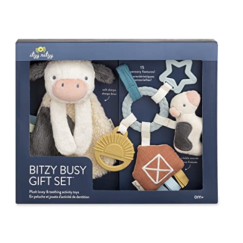 Itzy Ritzy Farm Toy Gift Set - Includes Cow Lovey & Farm-Themed Busy Ring | Car Seat And Stroller Toy Features Crinkle Sounds, Engaging Textures & Silicone Teething Relief For Sensory Play On The Go