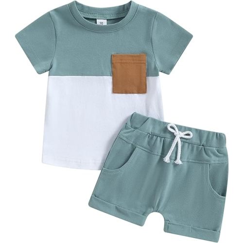 Baby Toddler Boy Clothes Summer Outfits 6 12 18 24 Months Patchwork Short Sleeve T Shirt & Shorts Sets with Pockets