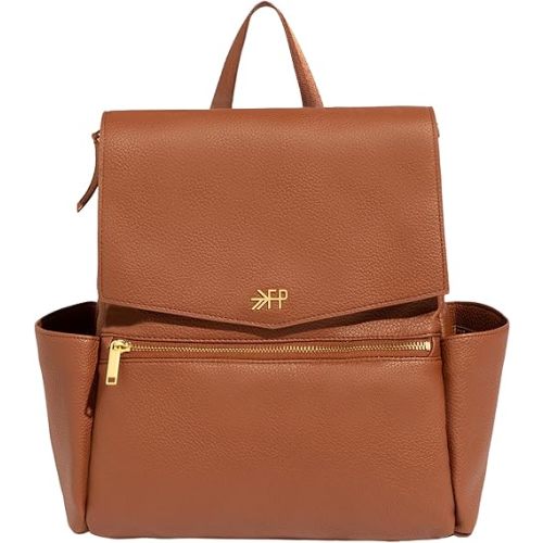 Freshly Picked Mini Classic Diaper Bag Backpack, Wipeable Vegan Leather, 8 Pockets Total (Cognac)