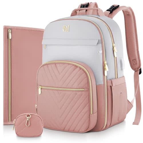 MOMUVO Diaper Bag Backpack, Quilted Baby Bag with Changing Pad & Stroller Straps & Pacifier Case, Large Travel Diaper Bags for Mom Dad, Pink Grey
