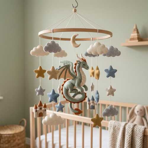 Dragon Baby Mobile, Fantasy Nursery Hanging Toy, Wooden Arm Decor, Handmade Baby Crib Mobile, Baby Shower Gift, Newborn Gift