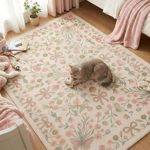 5x7 Area Rug for Living Room，Boho Beige Butterfly Bow Rug Pink and Green Florals，Non-Slip Washable Foldable Bedroom，Dining Room