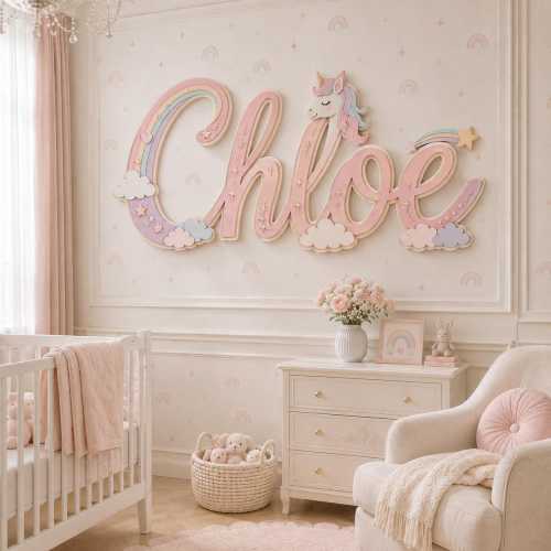 Custom Baby Girl Name Sign, Unicorn Rainbow Nursery Decor, Personalized Wooden Wall Sign, Kids Bedroom Name Plaque, Pastel Baby Nursery Gift