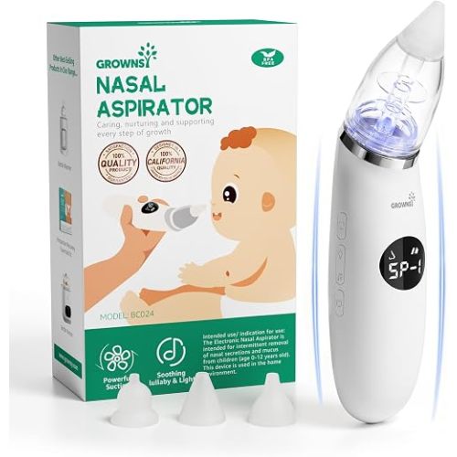 GROWNSY Nasal Aspirator for Baby | Baby Nose Sucker | Electric Nose Suction for Toddler, Ergonomic Booger Sucker with 3 Silicone Tips, Music & Light Soothing Function(White)