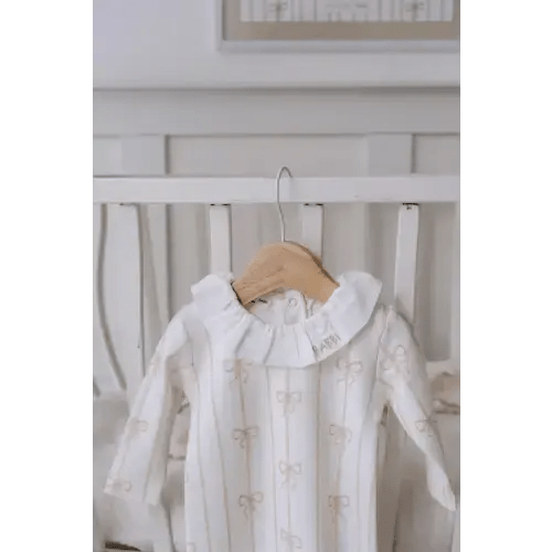 Organic Baby Footed Onesie - Beige Ribbon | Soft Cotton for Newborns