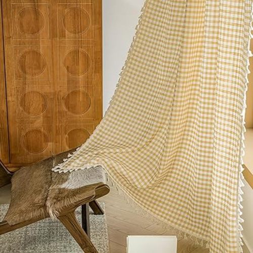 ENJOYBRIDAL Yellow Plaid 96 Inch Curtains for Bedroom Gingham Semi Sheer Drapes Rod Pocket Living Room Dining Room Long Window Curtains 2 Panel Sets Tassel Boho Cute Farmhouse Window Treatments