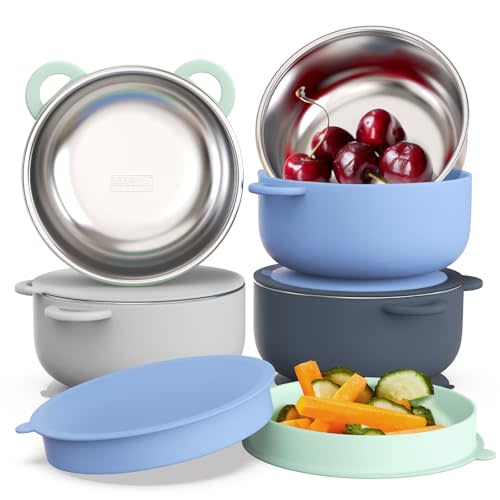 Bakpoco Baby Suction Bowls with Lids 4-Pack, 2-in-1 Stainless Steel 304 Toddler Bowl & Removable Silicone Suction Kids Bowl Plate Set Non Toxic Snack Dishes for Self-Feeding, Ocean Explorer Set