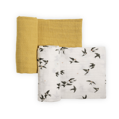 Organic Cotton Muslin Swaddle Blanket 2 Pack - Swallows