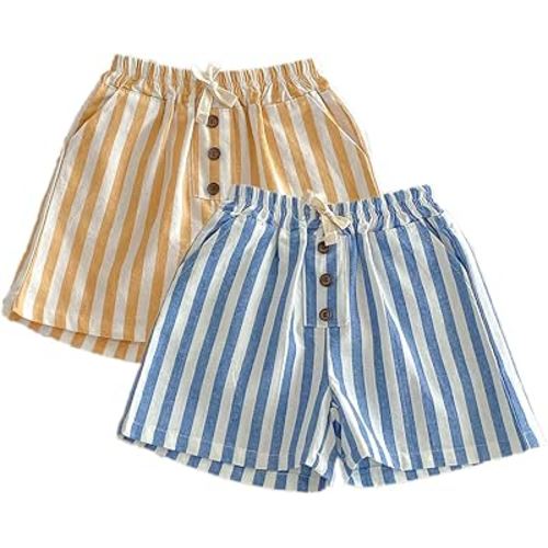 Ashmyova Classic Shorts for Boys Thin Cotton Stripe Elastics Waist Casual Summer Toddler Shorts Lightweight 2Pcs