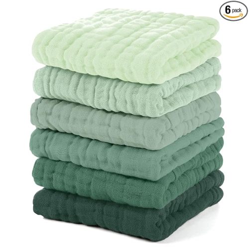 Unnivoll Muslin Burp Cloths Baby 12''X12'', Baby Washcloths 6 Pack, 100% Cotton Baby Wash Cloths Absorbent and Soft for Newborn Infants Kids Boys Girls - Gradient Green
