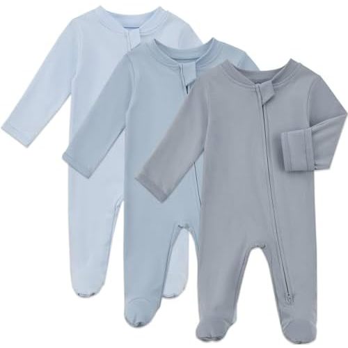 Aablexema Organic Cotton Baby Footie Pajamas with Mitten(Blue Set,0-3M)