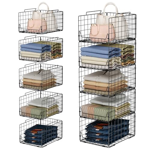 Jakyitvi 5-Tier Stackable Closet Organizer Shelf – Foldable Metal Storage Bins for Clothes, Sweaters & Towels | Stylish Black Wire Baskets for Bedroom, Wardrobe, Dorm or Entryway