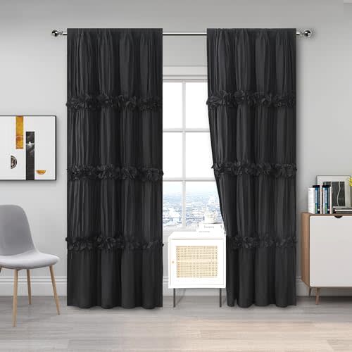 Thermal Insulated Blackout Window Curtains, Boho Ruched Window Treatments with 3 Rows of Butterfly Flowers, Rustic Rod Pocket Drapes for Room, 54" W x 84" L, 2 Panels, Black(LQ-30)