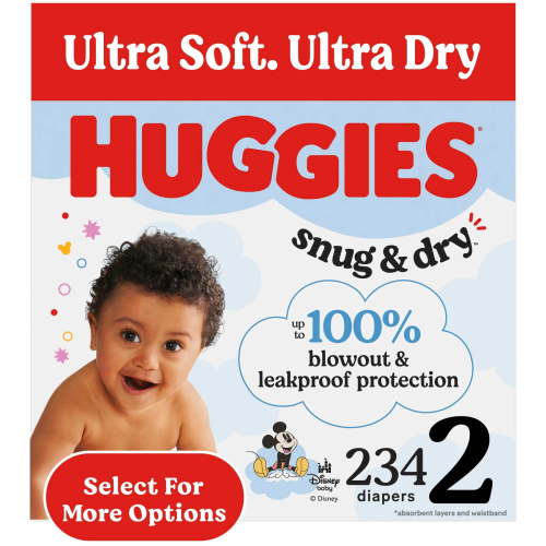 Huggies Snug & Dry Baby Diapers, Size 2 (12-18 lbs), 234 Count (Select for More)