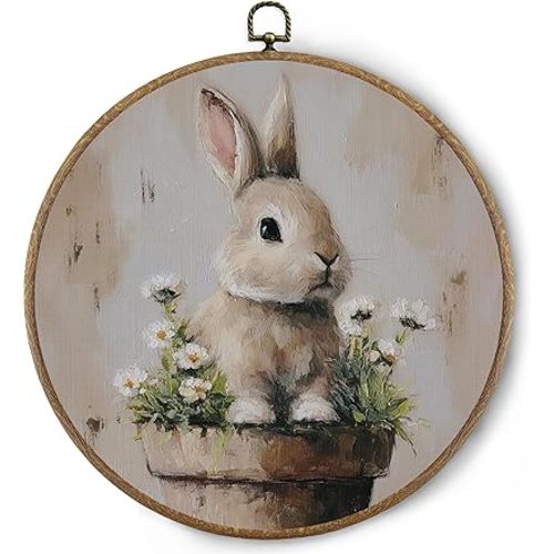 BitKAM Vintage Easter Bunny Round Wall Art Decor, Cute Cottagecore Rabbit Canvas Prints Framed, Rustic Spring Farmhouse rabbit Wall Hanging Decorations for Living Room Bedroom Nursery, 10x10 Inch