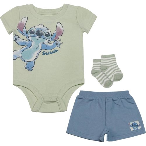 Magic Threadz Clothes Disney Baby Boys 3-Piece Short Set – Mickey, Pooh, Dumbo & Stitch Bodysuit, Shorts & Socks (0-9M)