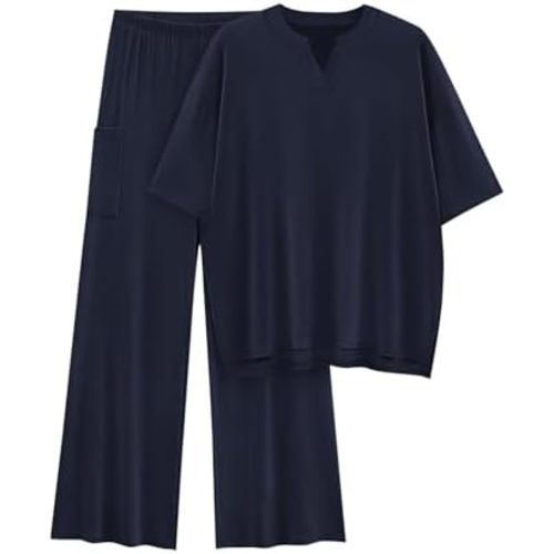 KIRUNDO Womens 2 Piece Matching Lounge Set Airport Travel Vacation Summer Outfits Oversized Short Sleeve Tops Wide Leg Pants