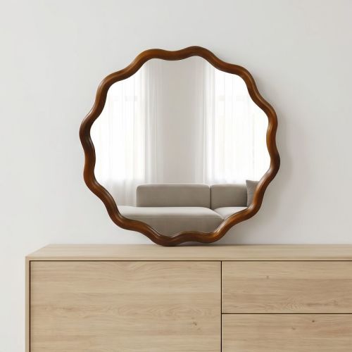24" Round Wall Mirror, Walnut Wavy Wood Frame Accent Mirror, Decorative Vanity Mirror for Entryway, Bathroom, or Living Room-Panipeachy