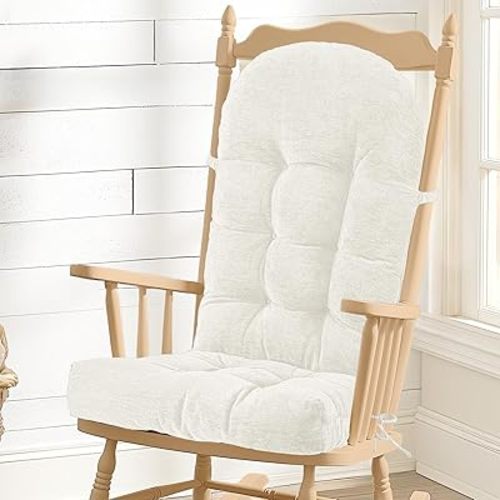 Rocking Chair Cushion - Chenille Fabric, High-Density Sponge, Durable Comfort Non-Slip Bottom Tufted Seat Pads with Ties, Chenille︱White, 44x19x4 inch