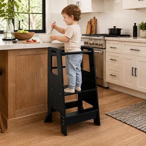 Toddler Kitchen Step Stool, 3-Level Adjustable Wooden Standing Helper with Guardrail, Kids Kitchen Stool for Cooking & Bathroom, Black