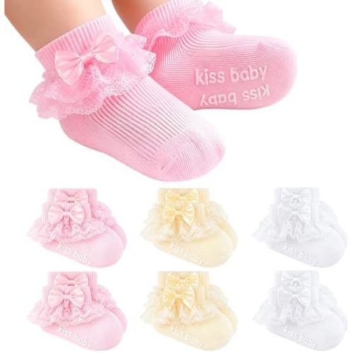 Calcetines con volantes para bebé niña con empuñaduras Bowknot antideslizante algodón encaje vestido calcetines recién nacidos niños pequeños regalo conjunto