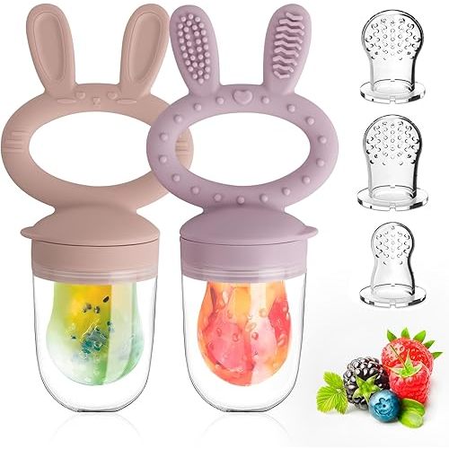 Baby Solids/Frozen Fruit Feeder Pacifier, Infant Teether Toy 4M+, BPA-Free Silicone Pouch & Nipple, Safely Introduce Solids, Teething Relief, 2-Pack (Rabbit - Pink Purple, S/M/L)
