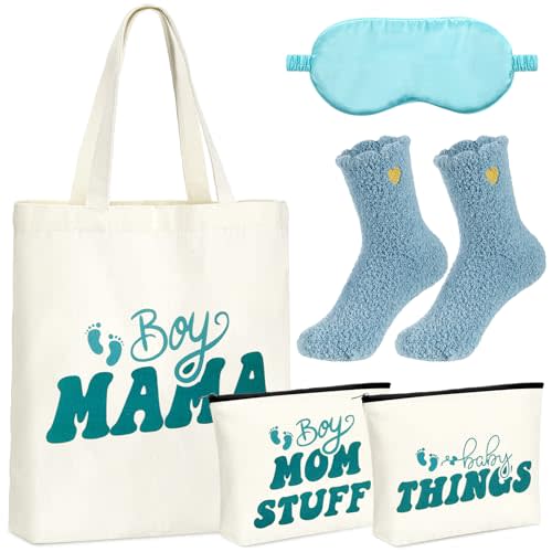 Sadnyy 5 Pcs Boy Mama Gifts for New Mom Mummy Care Package Baby Boy Mama Stuff Canvas Tote Bags Makeup Bag Socks Eye Mask Baby Things Postpartum Gifts for Mother's