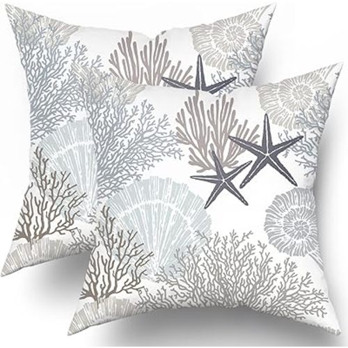 Ocean Coral Pillow Covers 18x18 Inch Nautical Coastal Throw Pillows Set of 2 Beach Seashell Starfish Pillow Case Soft Cotton Square Cushion Covers for Home Couch Sofa Patio Bedroom, Brown